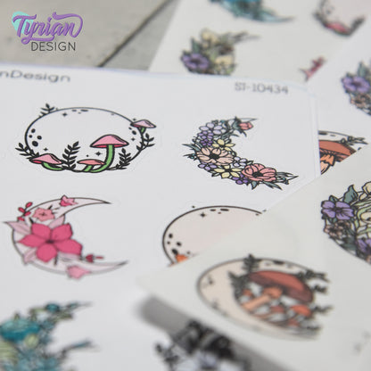 Moon Stickers | Variety Sheet of Moons | 9 Different Stickers per sheet | 1 x 1" Sticker size | | 3.5 x 4.5" Sheet | White or Clear Matte