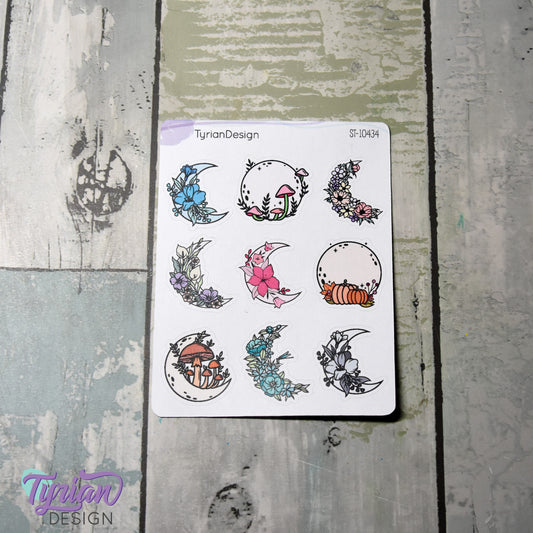 Moon Stickers | Variety Sheet of Moons | 9 Different Stickers per sheet | 1 x 1" Sticker size | | 3.5 x 4.5" Sheet | White or Clear Matte