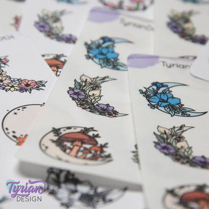 Moon Stickers | Variety Sheet of Moons | 9 Different Stickers per sheet | 1 x 1" Sticker size | | 3.5 x 4.5" Sheet | White or Clear Matte