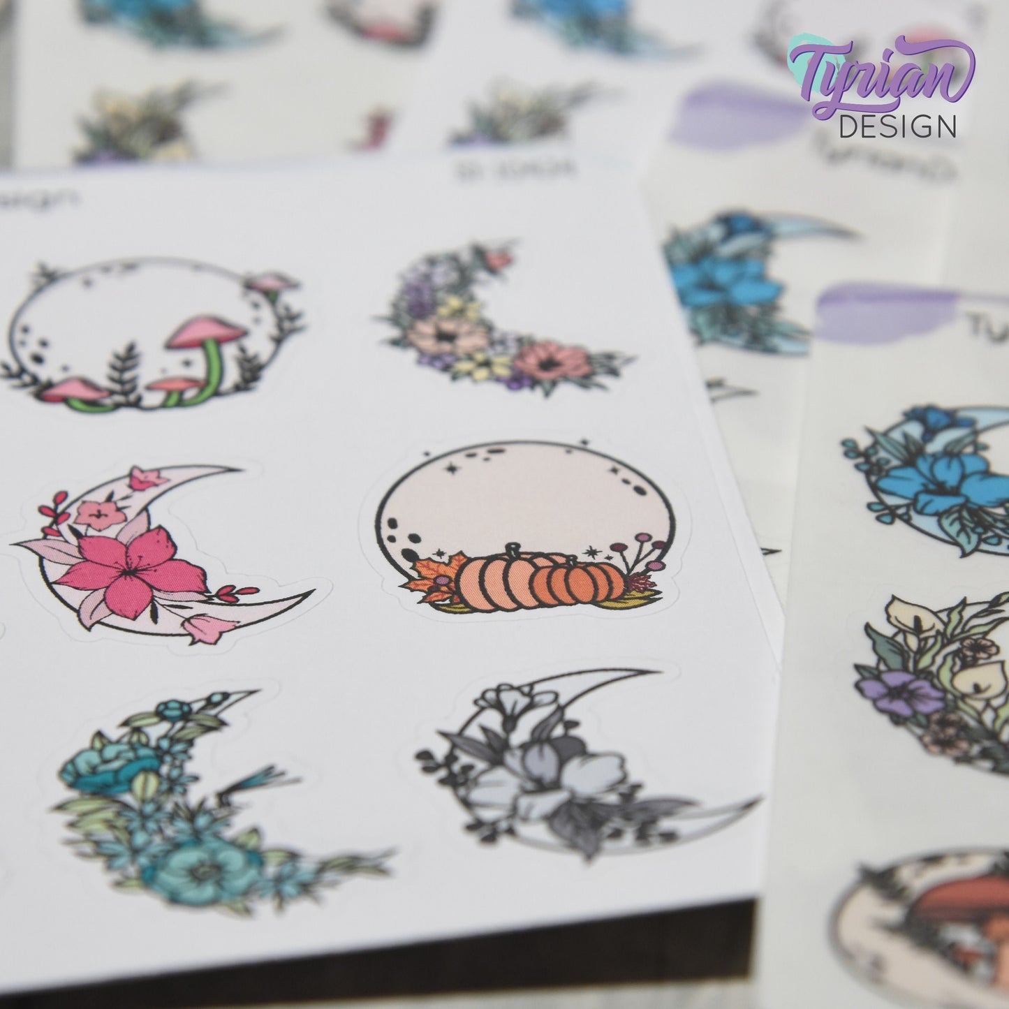 Moon Stickers | Variety Sheet of Moons | 9 Different Stickers per sheet | 1 x 1" Sticker size | | 3.5 x 4.5" Sheet | White or Clear Matte