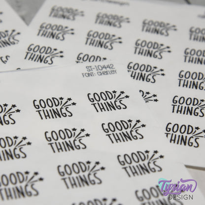 Good Things Sticker |  Word Sticker | 20 Stickers | .74" x .6" Each | 3.5 x 4.5" Sheet | Charley Font | White or Clear