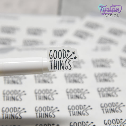 Good Things Sticker |  Word Sticker | 20 Stickers | .74" x .6" Each | 3.5 x 4.5" Sheet | Charley Font | White or Clear