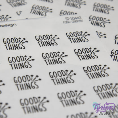 Good Things Sticker |  Word Sticker | 20 Stickers | .74" x .6" Each | 3.5 x 4.5" Sheet | Charley Font | White or Clear