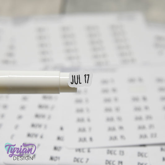 Tiny Monthly Days Stickers | 1-31 (varies by month) stickers |  .47" x .27" Each Approx. | White or Clear Matte | Font: Charley