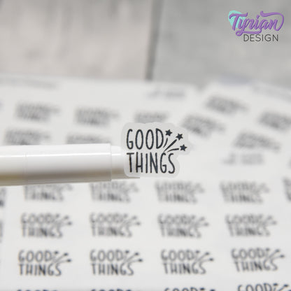 Good Things Sticker |  Word Sticker | 20 Stickers | .74" x .6" Each | 3.5 x 4.5" Sheet | Charley Font | White or Clear
