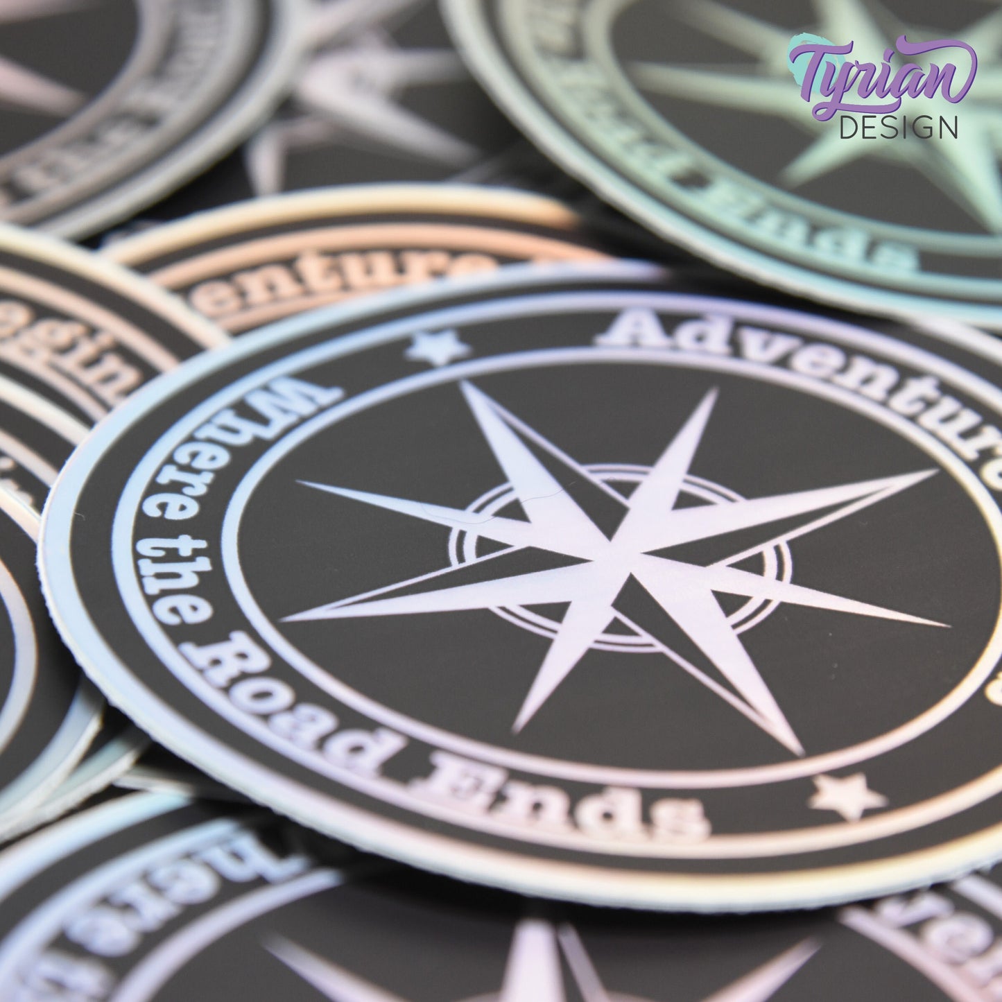 Holographic Adventure Begins where the road ends Vinyl Sticker, high quality weather proof vinyl. 3 inch Round Compass sticker