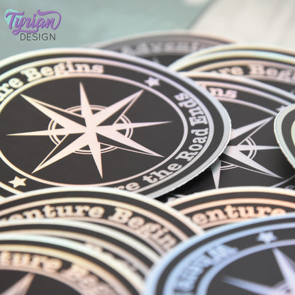 Holographic Adventure Begins where the road ends Vinyl Sticker, high quality weather proof vinyl. 3 inch Round Compass sticker