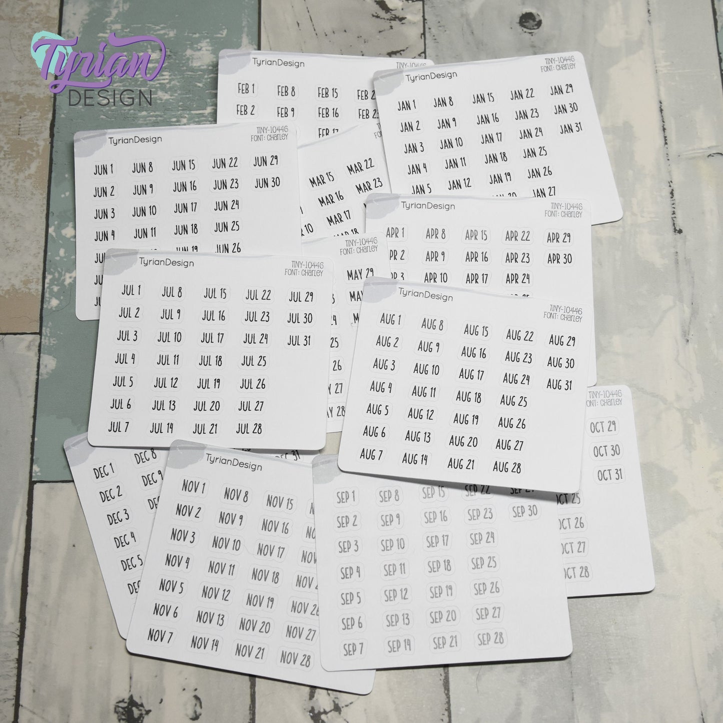 Tiny Monthly Days Stickers | 1-31 (varies by month) stickers |  .47" x .27" Each Approx. | White or Clear Matte | Font: Charley