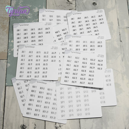 Tiny Monthly Days Stickers | 1-31 (varies by month) stickers |  .47" x .27" Each Approx. | White or Clear Matte | Font: Charley