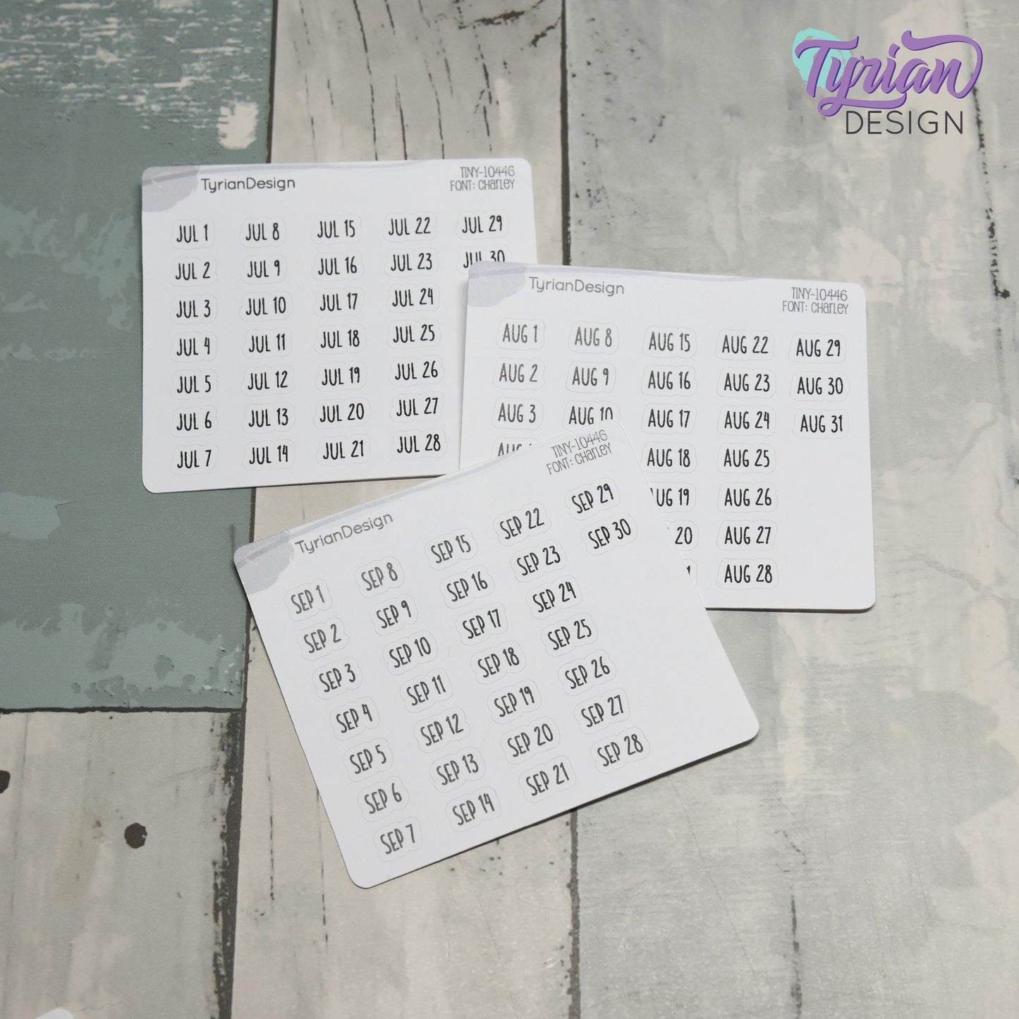 Tiny Monthly Days Stickers | 1-31 (varies by month) stickers |  .47" x .27" Each Approx. | White or Clear Matte | Font: Charley