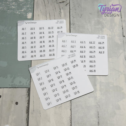 Tiny Monthly Days Stickers | 1-31 (varies by month) stickers |  .47" x .27" Each Approx. | White or Clear Matte | Font: Charley
