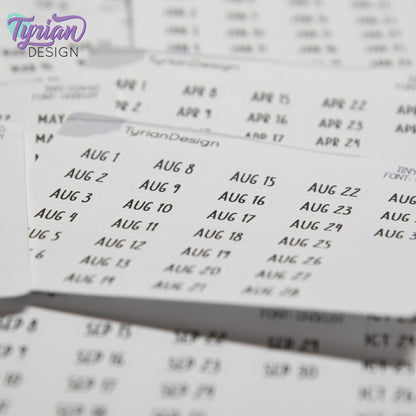 Tiny Monthly Days Stickers | 1-31 (varies by month) stickers |  .47" x .27" Each Approx. | White or Clear Matte | Font: Charley
