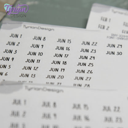 Tiny Monthly Days Stickers | 1-31 (varies by month) stickers |  .47" x .27" Each Approx. | White or Clear Matte | Font: Charley