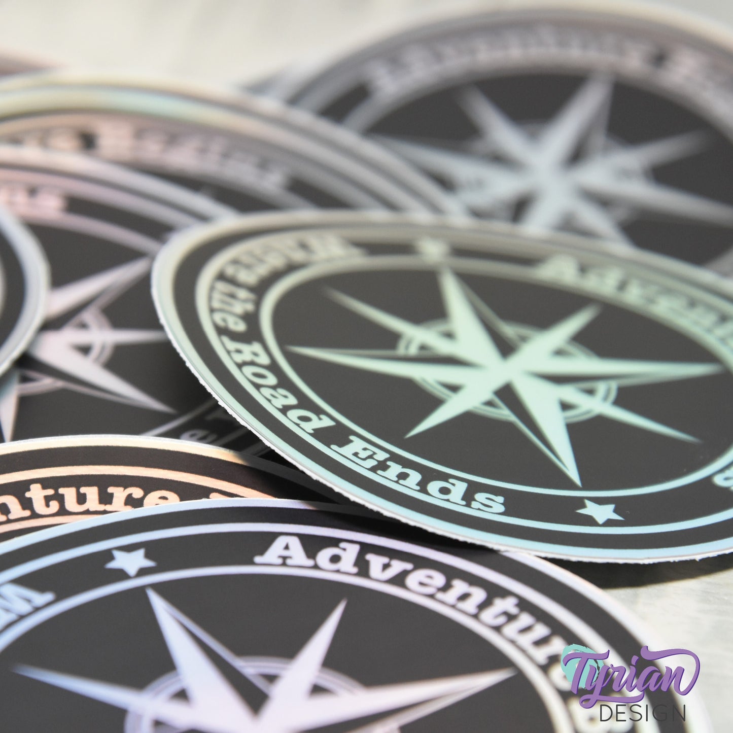 Holographic Adventure Begins where the road ends Vinyl Sticker, high quality weather proof vinyl. 3 inch Round Compass sticker