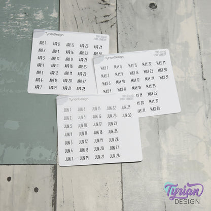 Tiny Monthly Days Stickers | 1-31 (varies by month) stickers |  .47" x .27" Each Approx. | White or Clear Matte | Font: Charley