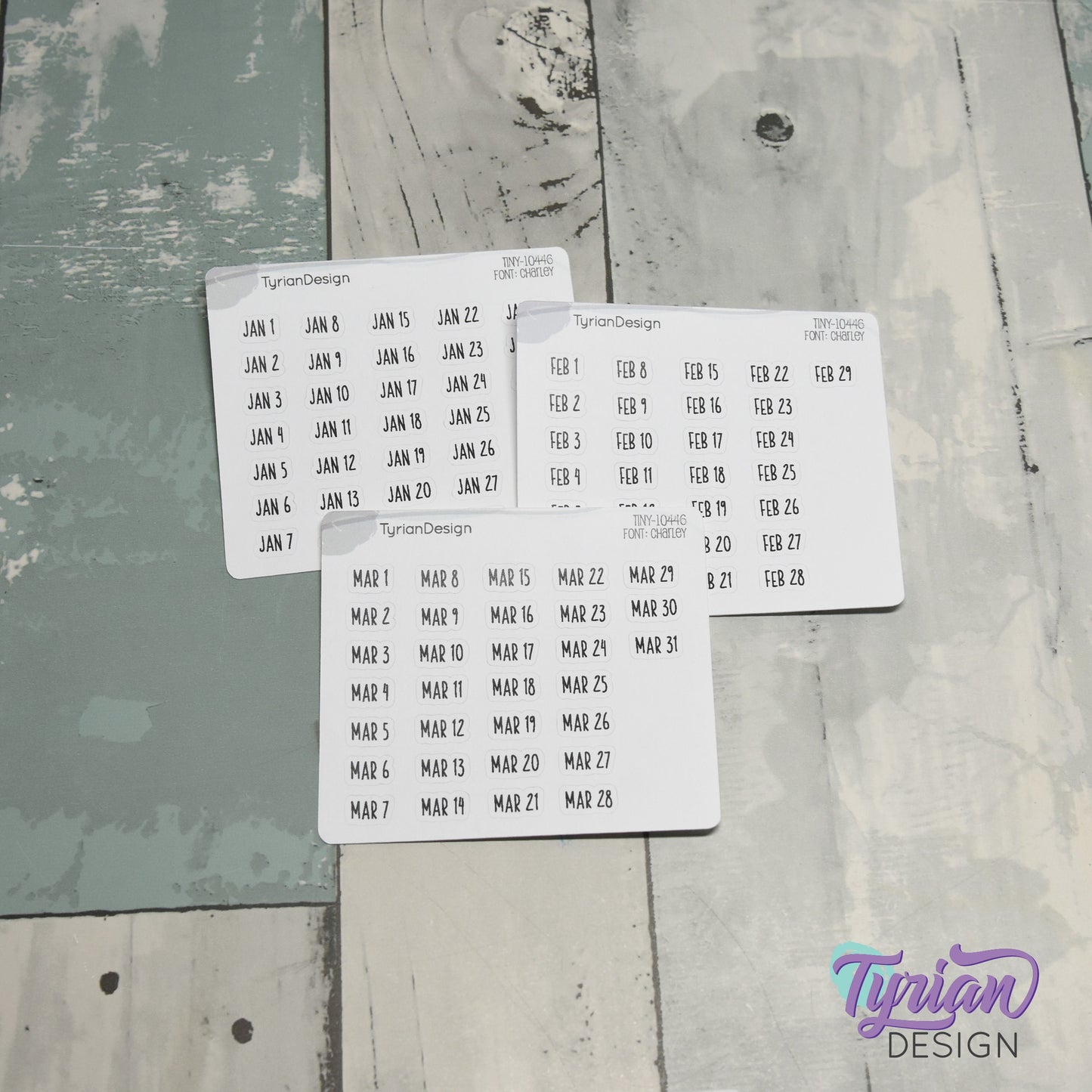 Tiny Monthly Days Stickers | 1-31 (varies by month) stickers |  .47" x .27" Each Approx. | White or Clear Matte | Font: Charley