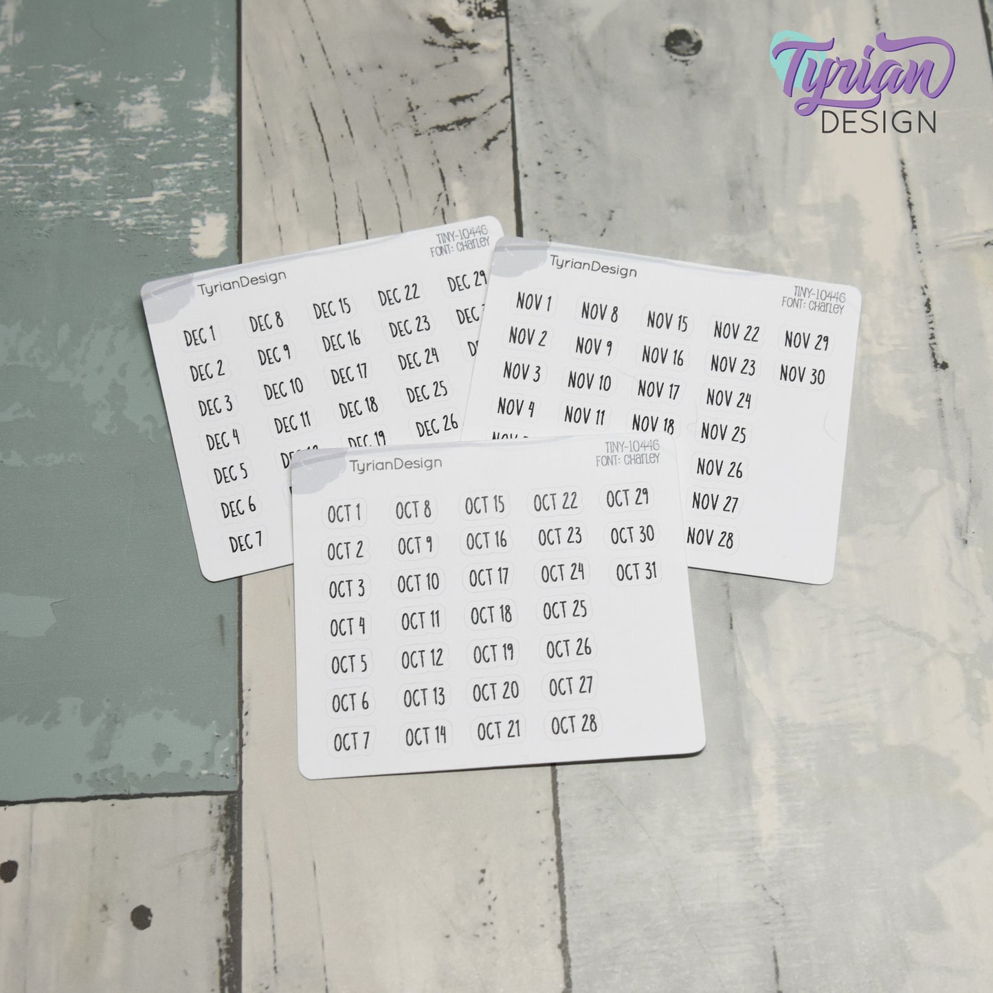 Tiny Monthly Days Stickers | 1-31 (varies by month) stickers |  .47" x .27" Each Approx. | White or Clear Matte | Font: Charley