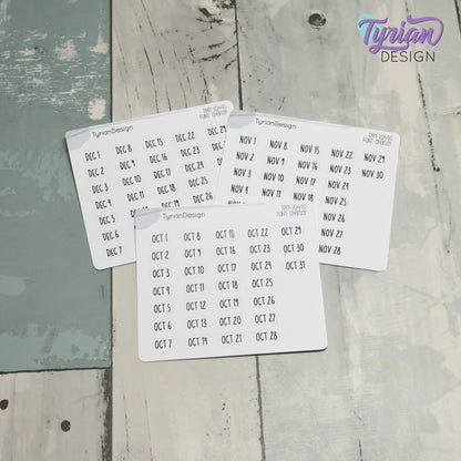 Tiny Monthly Days Stickers | 1-31 (varies by month) stickers |  .47" x .27" Each Approx. | White or Clear Matte | Font: Charley