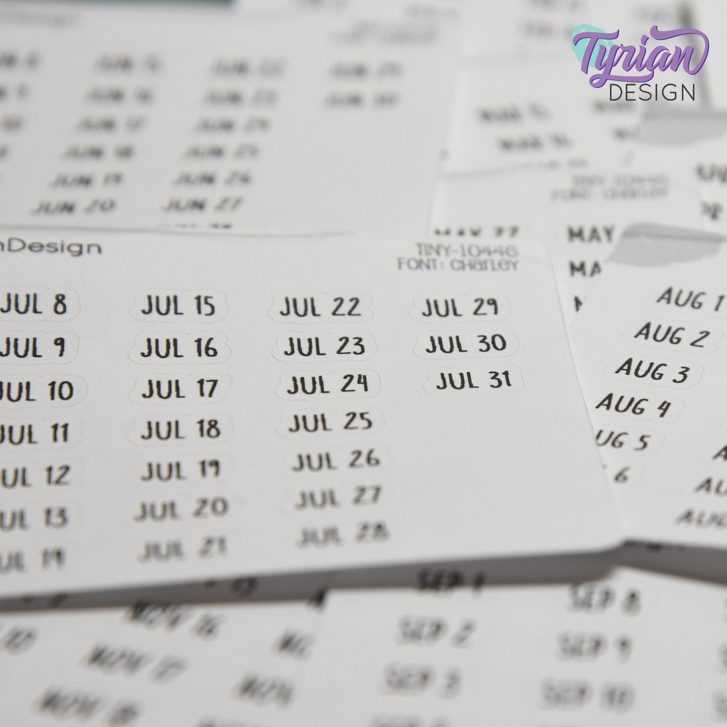 Tiny Monthly Days Stickers | 1-31 (varies by month) stickers |  .47" x .27" Each Approx. | White or Clear Matte | Font: Charley
