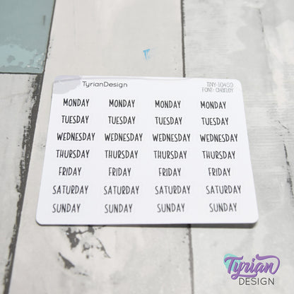 Tiny Days of the Week Stickers | 28 Stickers | Font: Charley