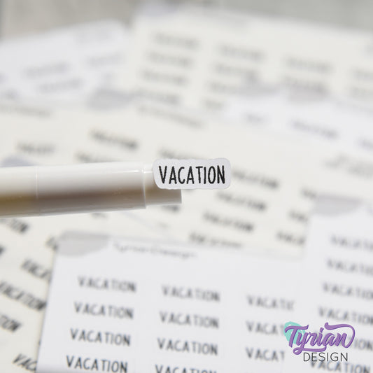Tiny Vacation Stickers | 24 Stickers | .65 x .28" each | Planner Stickers | Font: Charley