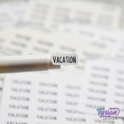 Tiny Vacation Stickers | 24 Stickers | .65 x .28" each | Planner Stickers | Font: Charley