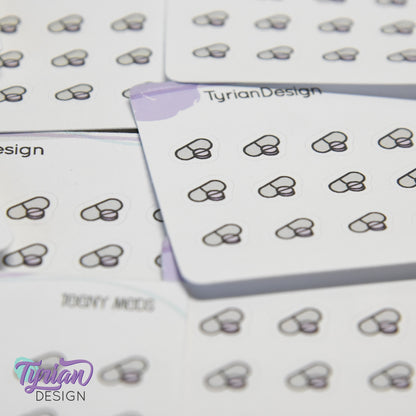 Meds Stickers | Tiny Medicine stickers on a mini sheet | 21 stickers | .35 x .31" each | Pill icon sticker | White or Clear Matte
