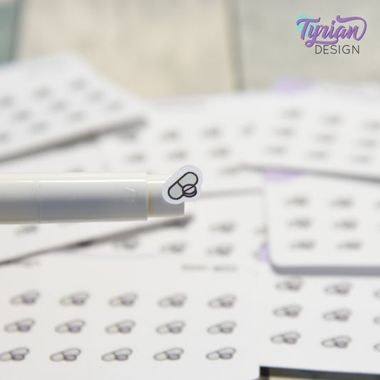Meds Stickers | Tiny Medicine stickers on a mini sheet | 21 stickers | .35 x .31" each | Pill icon sticker | White or Clear Matte