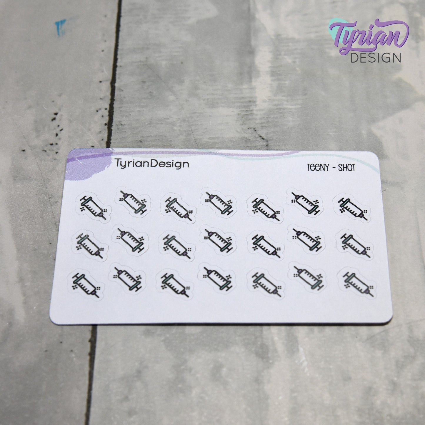 Shot Stickers | Tiny Injection stickers on a mini sheet | 21 stickers | .4 x .39" each | Needle icon sticker | White or Clear Matte