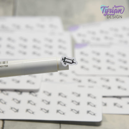 Shot Stickers | Tiny Injection stickers on a mini sheet | 21 stickers | .4 x .39" each | Needle icon sticker | White or Clear Matte