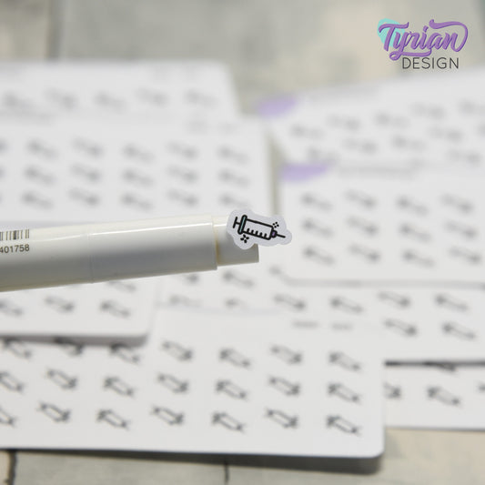 Shot Stickers | Tiny Injection stickers on a mini sheet | 21 stickers | .4 x .39" each | Needle icon sticker | White or Clear Matte