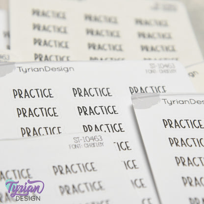 Practice Stickers | .76" x .34" each | 24 Stickers | Charley Font