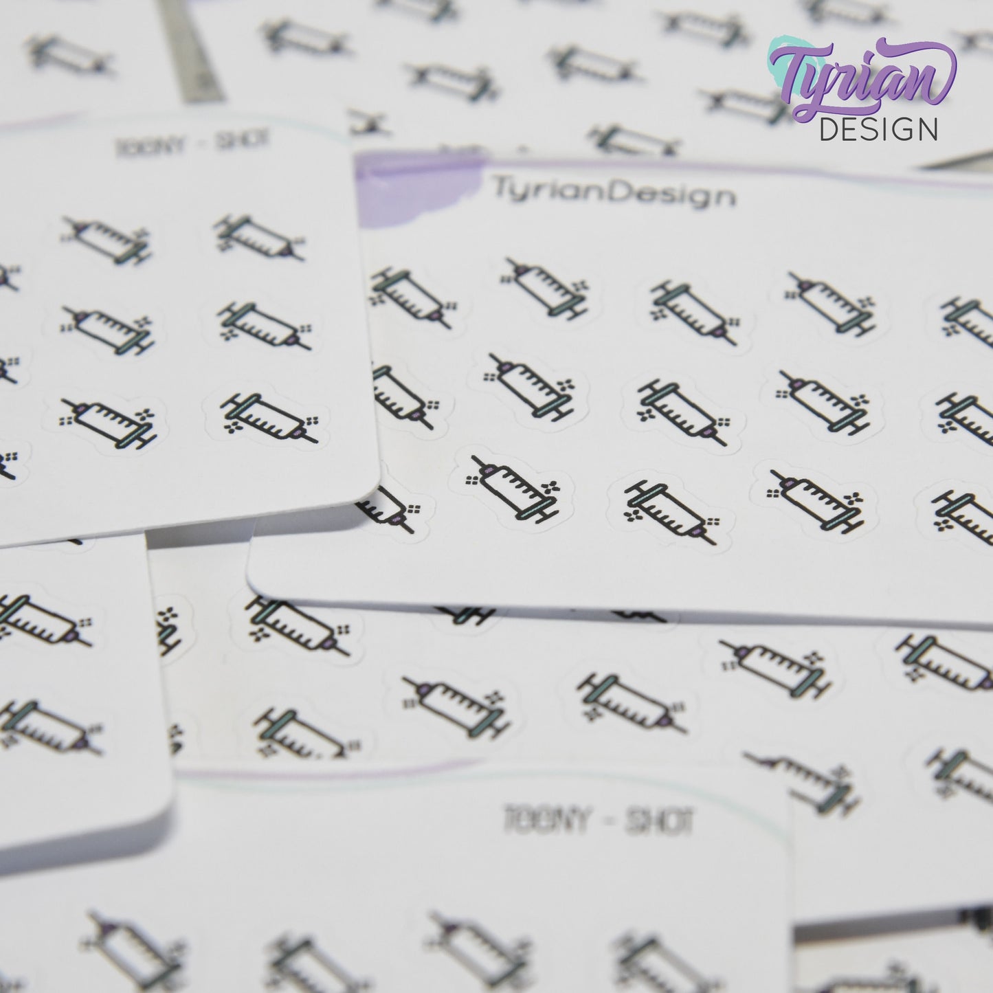 Shot Stickers | Tiny Injection stickers on a mini sheet | 21 stickers | .4 x .39" each | Needle icon sticker | White or Clear Matte