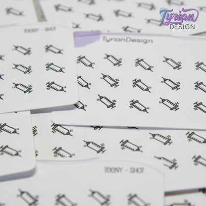 Shot Stickers | Tiny Injection stickers on a mini sheet | 21 stickers | .4 x .39" each | Needle icon sticker | White or Clear Matte