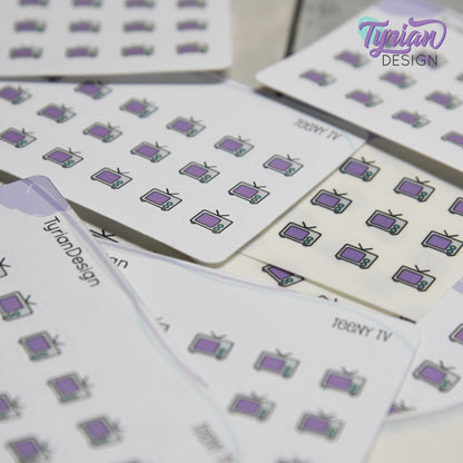 Teeny TV Stickers | Tiny Icon TV stickers on a mini sheet | 21 stickers | .37 x .36" each | Binge Watch icon sticker | White or Clear Matte