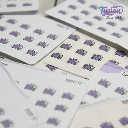 Teeny TV Stickers | Tiny Icon TV stickers on a mini sheet | 21 stickers | .37 x .36" each | Binge Watch icon sticker | White or Clear Matte