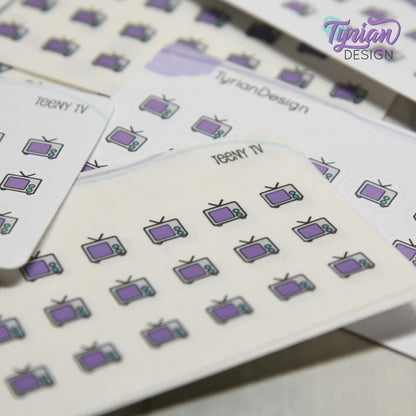 Teeny TV Stickers | Tiny Icon TV stickers on a mini sheet | 21 stickers | .37 x .36" each | Binge Watch icon sticker | White or Clear Matte