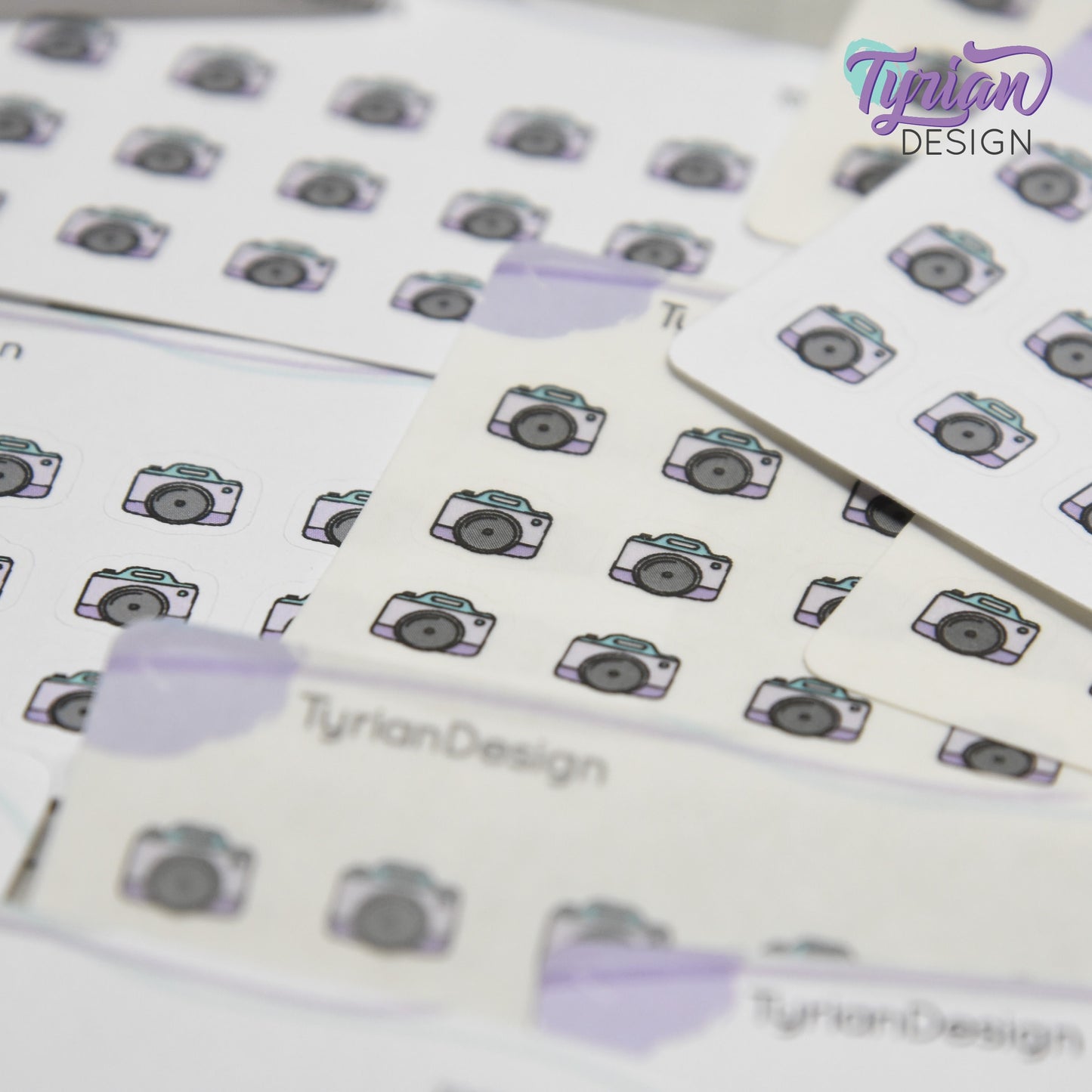 Camera Stickers | Tiny Icon Camera stickers on a mini sheet | 18 stickers | .42 x .39" each | Photo icon sticker | White or Clear Matte
