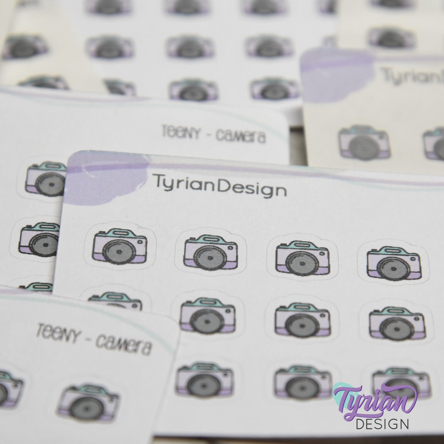 Camera Stickers | Tiny Icon Camera stickers on a mini sheet | 18 stickers | .42 x .39" each | Photo icon sticker | White or Clear Matte