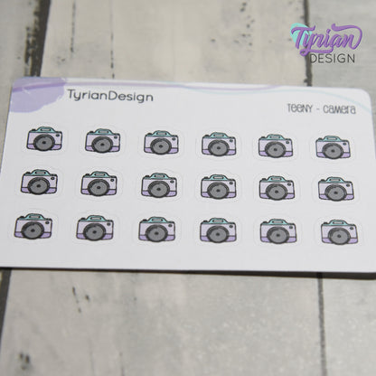Camera Stickers | Tiny Icon Camera stickers on a mini sheet | 18 stickers | .42 x .39" each | Photo icon sticker | White or Clear Matte
