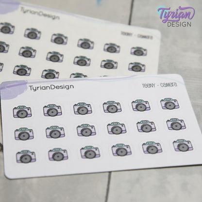 Camera Stickers | Tiny Icon Camera stickers on a mini sheet | 18 stickers | .42 x .39" each | Photo icon sticker | White or Clear Matte