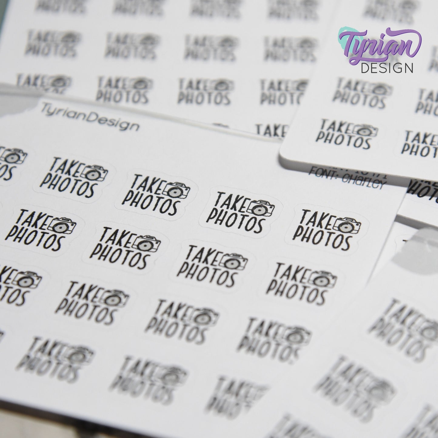 Take Photos Tiny Stickers |20 Stickers | .46 x .46" each |Font: Charley