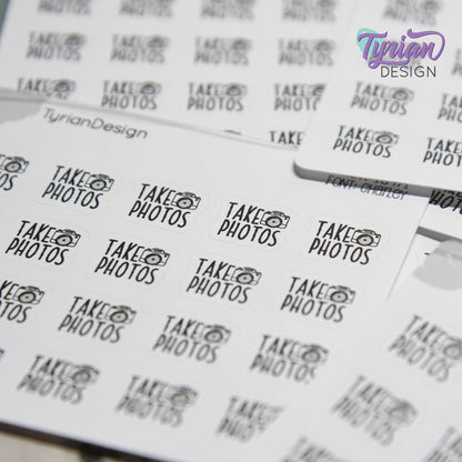 Take Photos Tiny Stickers |20 Stickers | .46 x .46" each |Font: Charley