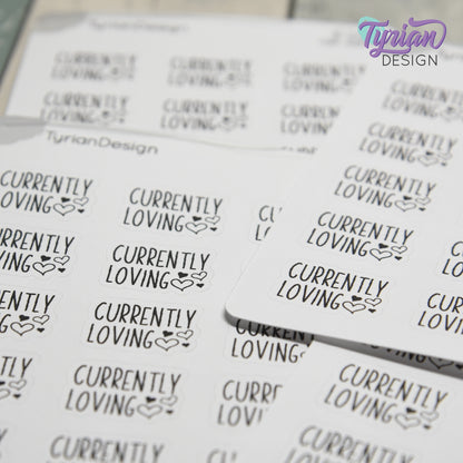 Currently Loving Stickers | Music | Books | Food | Life | 15 Stickers | .87" x .61" Each | 3.5 x 4.5" Sheet | Charley Font