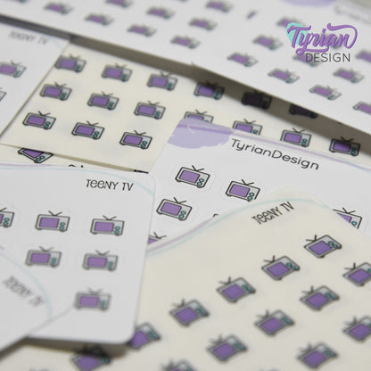 Teeny TV Stickers | Tiny Icon TV stickers on a mini sheet | 21 stickers | .37 x .36" each | Binge Watch icon sticker | White or Clear Matte