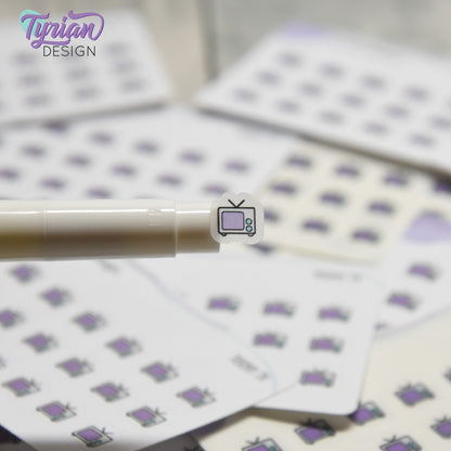 Teeny TV Stickers | Tiny Icon TV stickers on a mini sheet | 21 stickers | .37 x .36" each | Binge Watch icon sticker | White or Clear Matte