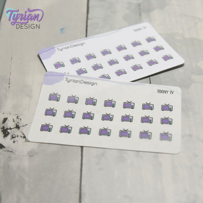Teeny TV Stickers | Tiny Icon TV stickers on a mini sheet | 21 stickers | .37 x .36" each | Binge Watch icon sticker | White or Clear Matte