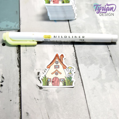 Daisy House Vinyl Sticker | High quality weather proof vinyl | 1.56 x 2" | Fairy House Sticker| Little House sticker | Tumbler  Sticker