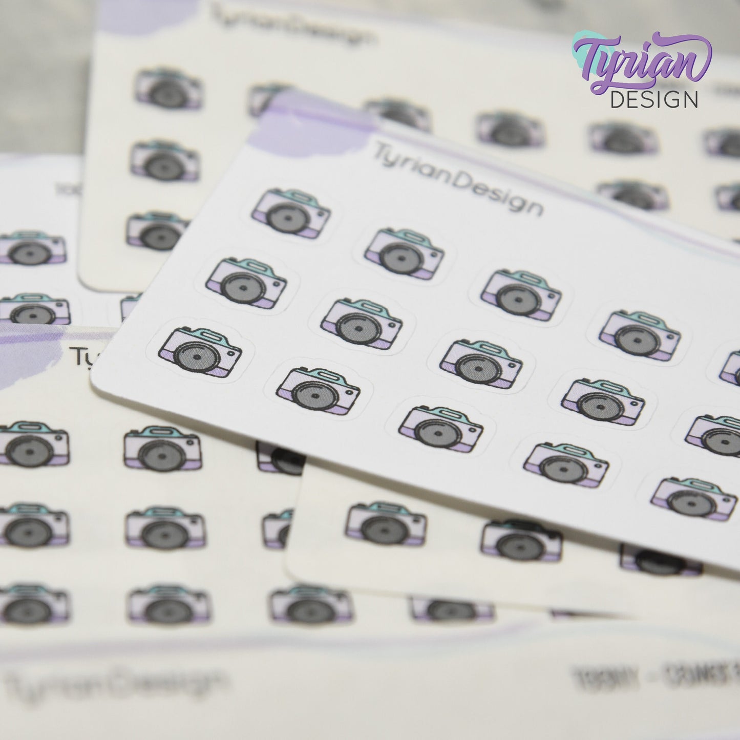 Camera Stickers | Tiny Icon Camera stickers on a mini sheet | 18 stickers | .42 x .39" each | Photo icon sticker | White or Clear Matte