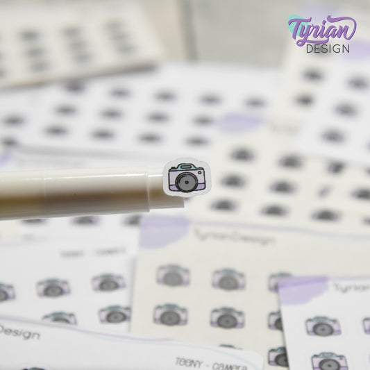 Camera Stickers | Tiny Icon Camera stickers on a mini sheet | 18 stickers | .42 x .39" each | Photo icon sticker | White or Clear Matte